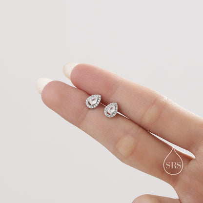 Tiny Droplet CZ Halo Stud Earrings in Sterling Silver, Silver or Gold, Tiny Pear Cut CZ Stud Earrings