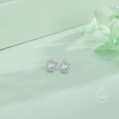 Tiny Droplet CZ Halo Stud Earrings in Sterling Silver, Silver or Gold, Tiny Pear Cut CZ Stud Earrings