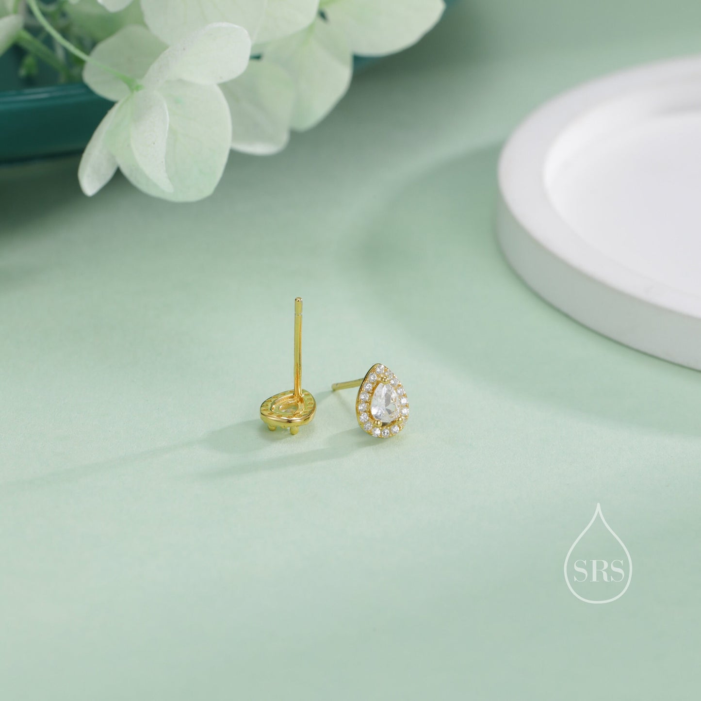 Tiny Droplet CZ Halo Stud Earrings in Sterling Silver, Silver or Gold, Tiny Pear Cut CZ Stud Earrings