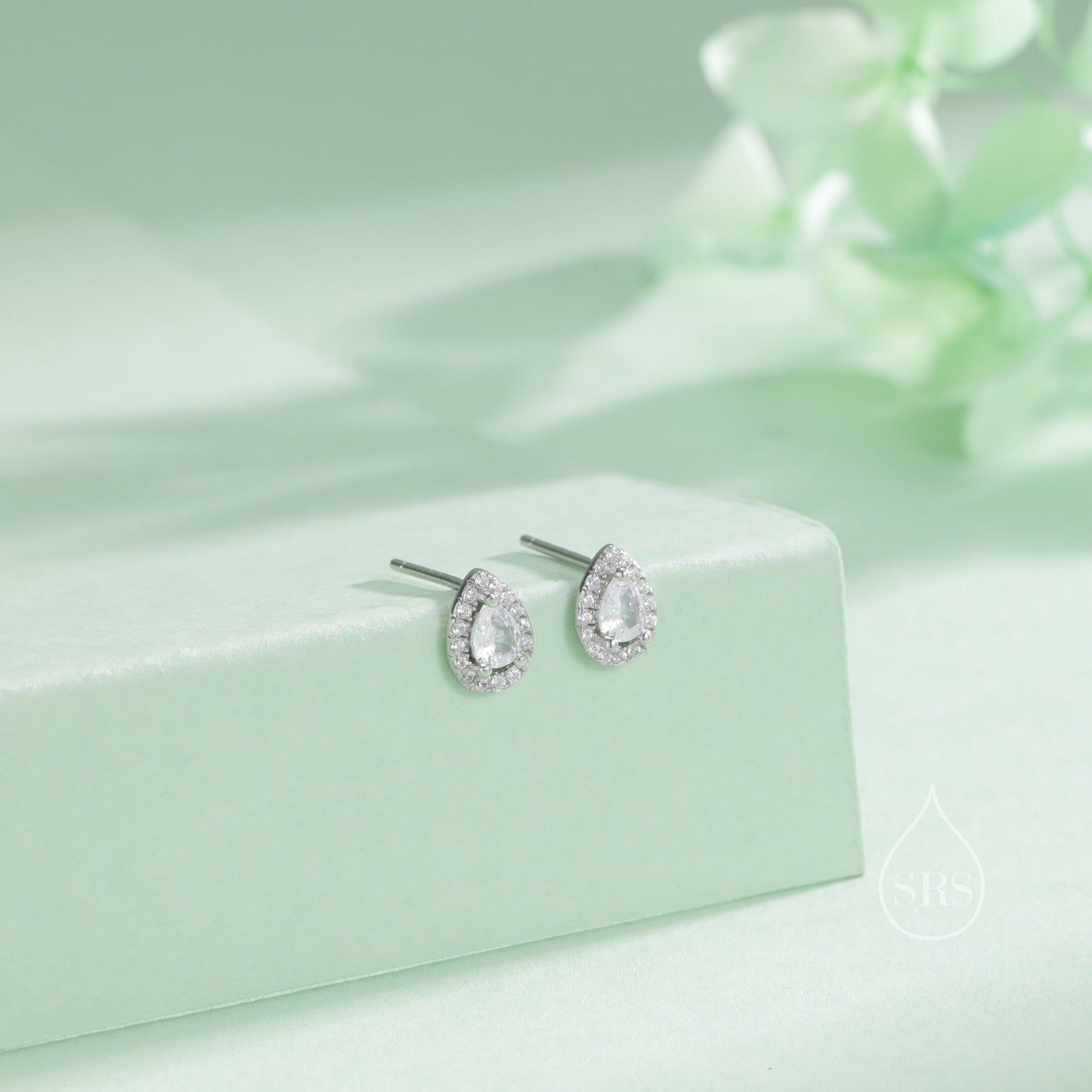 Tiny Droplet CZ Halo Stud Earrings in Sterling Silver, Silver or Gold, Tiny Pear Cut CZ Stud Earrings