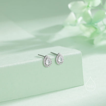 Tiny Droplet CZ Halo Stud Earrings in Sterling Silver, Silver or Gold, Tiny Pear Cut CZ Stud Earrings