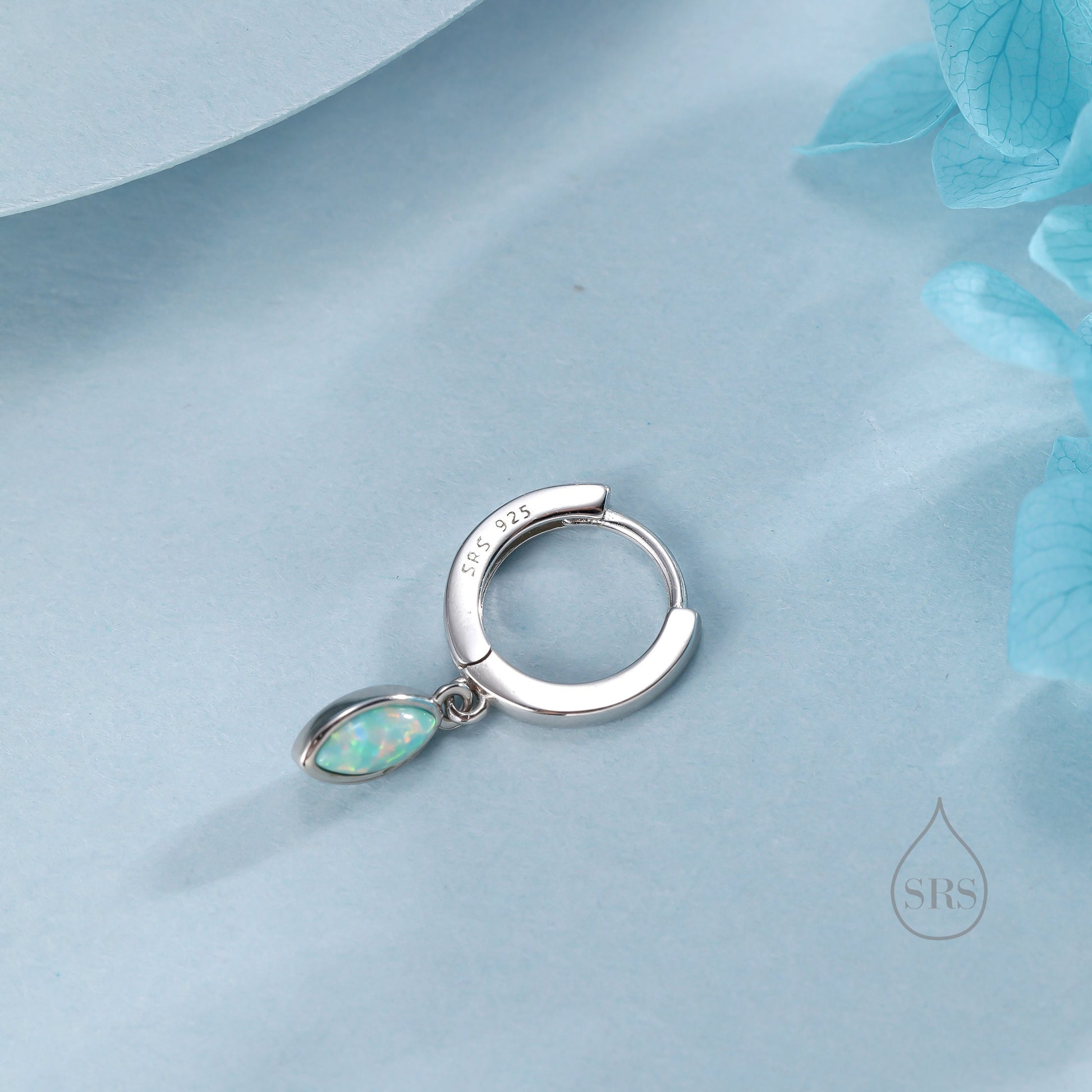 Marquise Aqua Green Opal Huggie Hoops in Sterling Silver, 8mm Opal Hoops, Silver or Gold, Fire Opal Earring