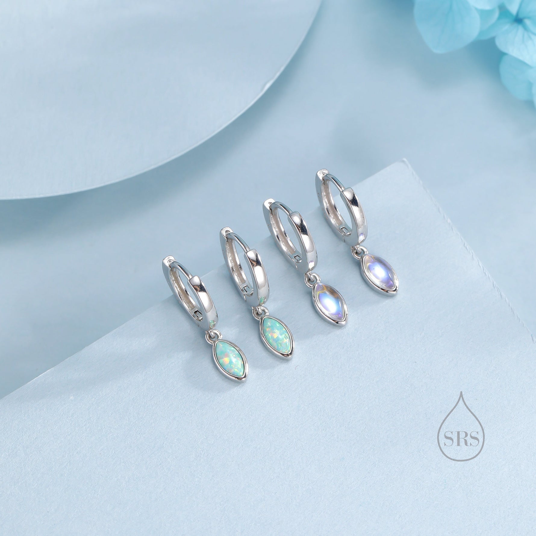 Marquise Aqua Green Opal Huggie Hoops in Sterling Silver, 8mm Opal Hoops, Silver or Gold, Fire Opal Earring