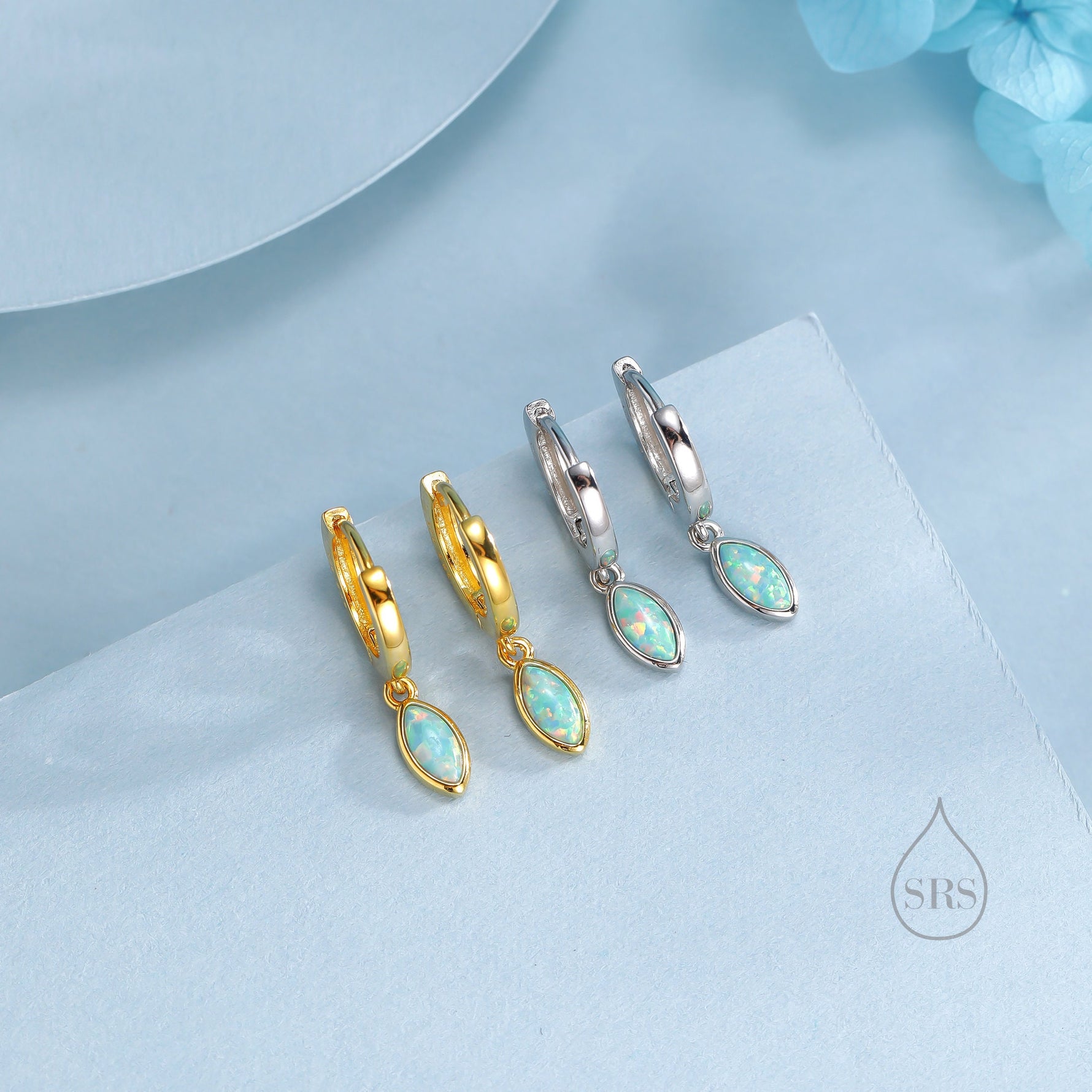 Marquise Aqua Green Opal Huggie Hoops in Sterling Silver, 8mm Opal Hoops, Silver or Gold, Fire Opal Earring