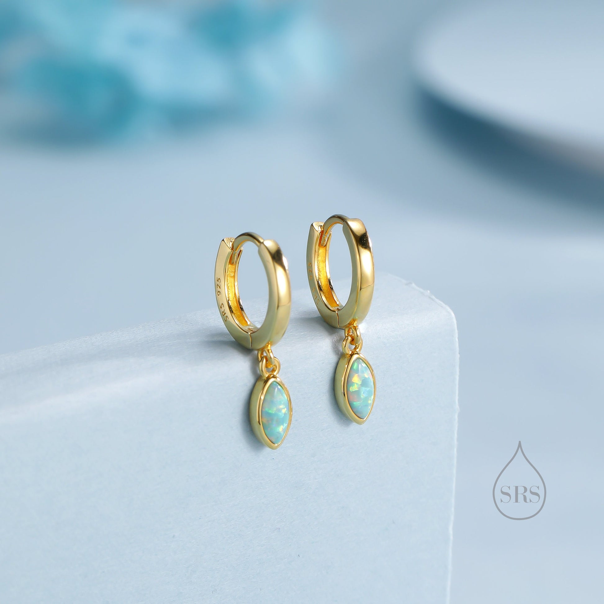 Marquise Aqua Green Opal Huggie Hoops in Sterling Silver, 8mm Opal Hoops, Silver or Gold, Fire Opal Earring
