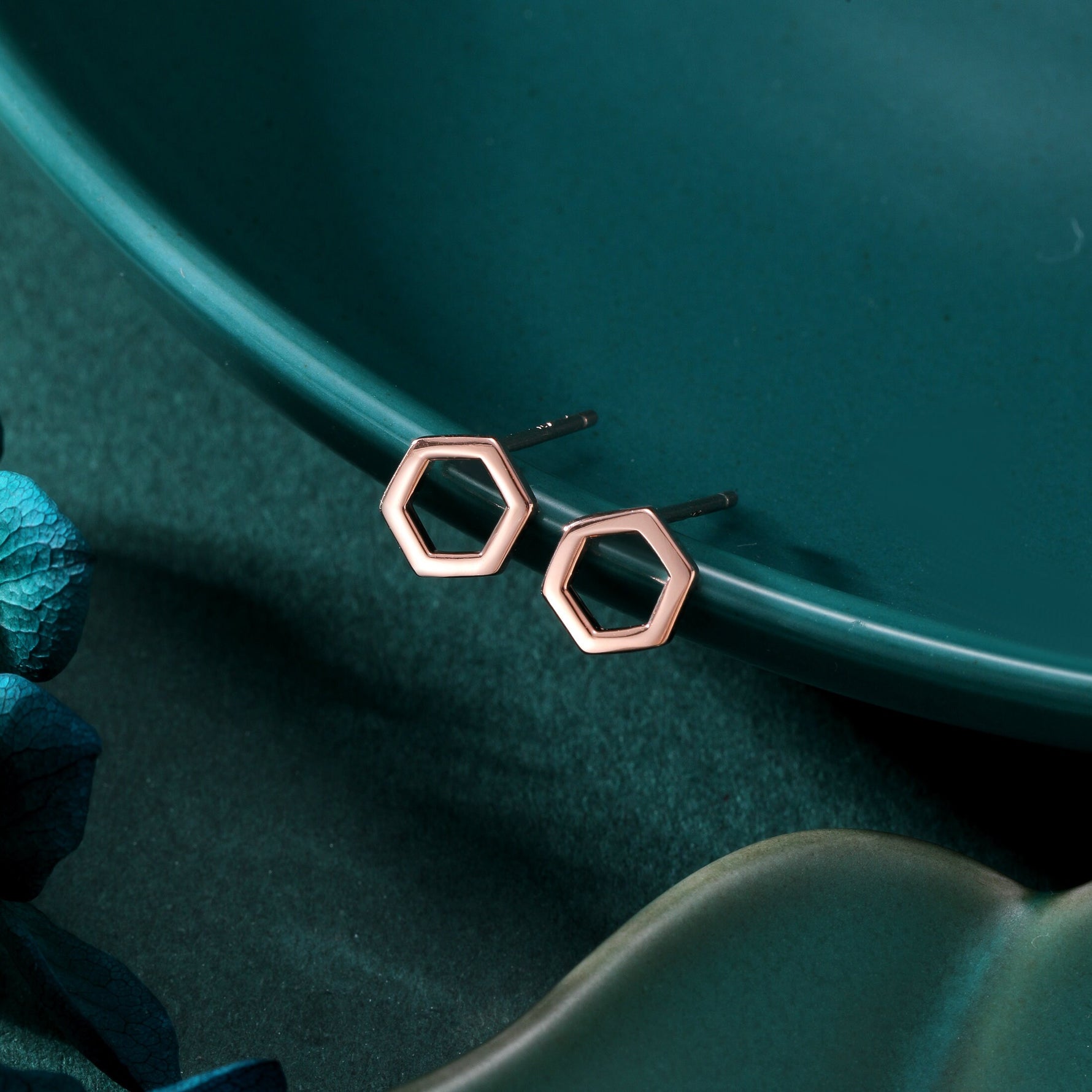 Sterling Silver Open Hexagon Stud Earrings, Silver, Gold and Rose Gold Finish Minimalist and Geometric Design