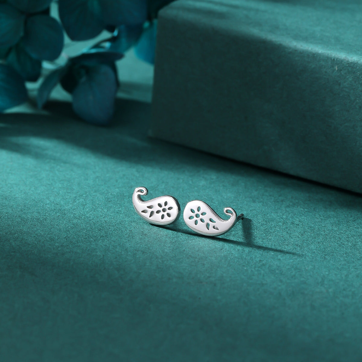 Paisley Pattern Stud Earrings in Sterling Silver, Silver or Gold, Small Stacking Earrings