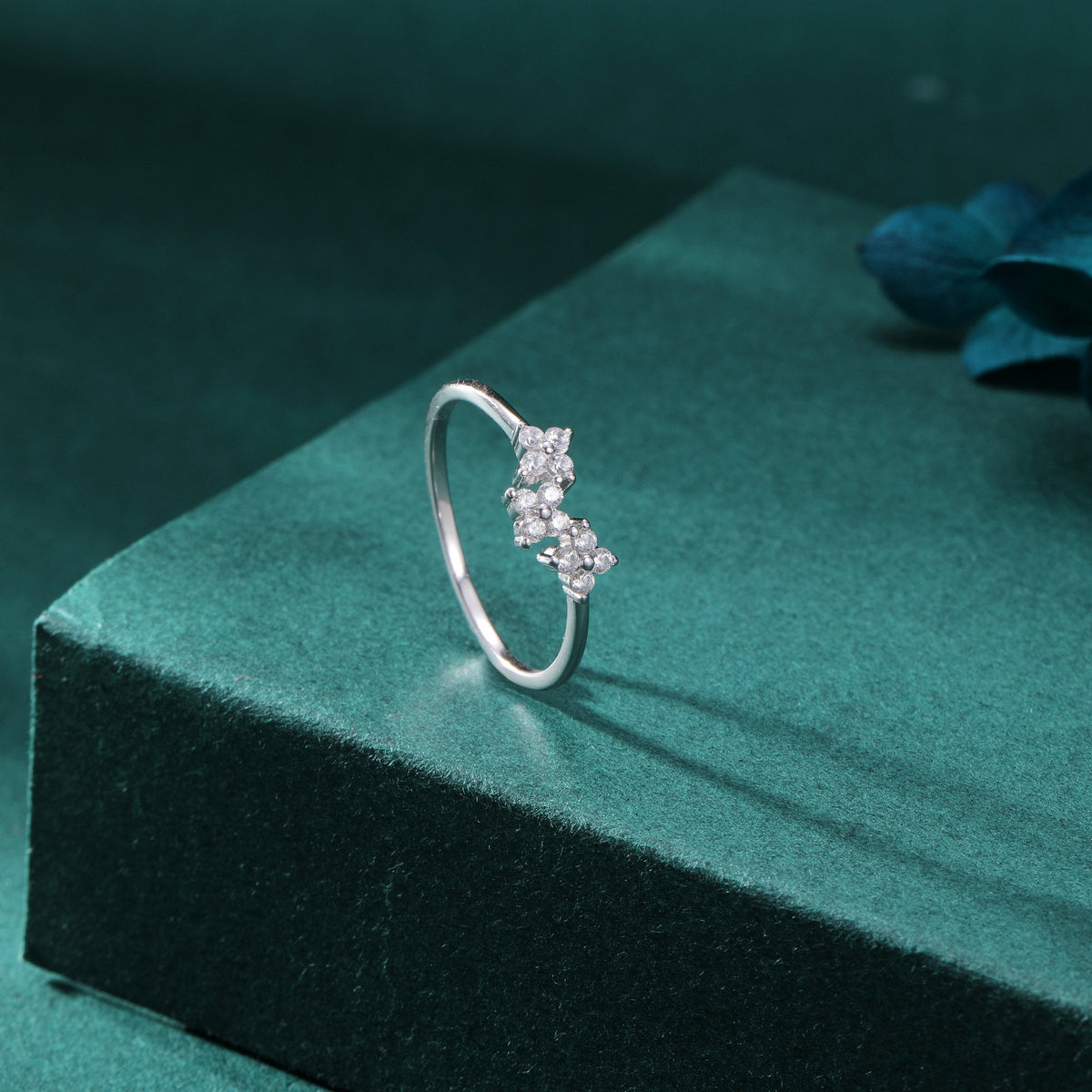 Hydrangea Bouquet CZ Flower Ring in Sterling Silver, US Size 5 -8, Four Crystal Flower Ring, Tiny CZ Ring