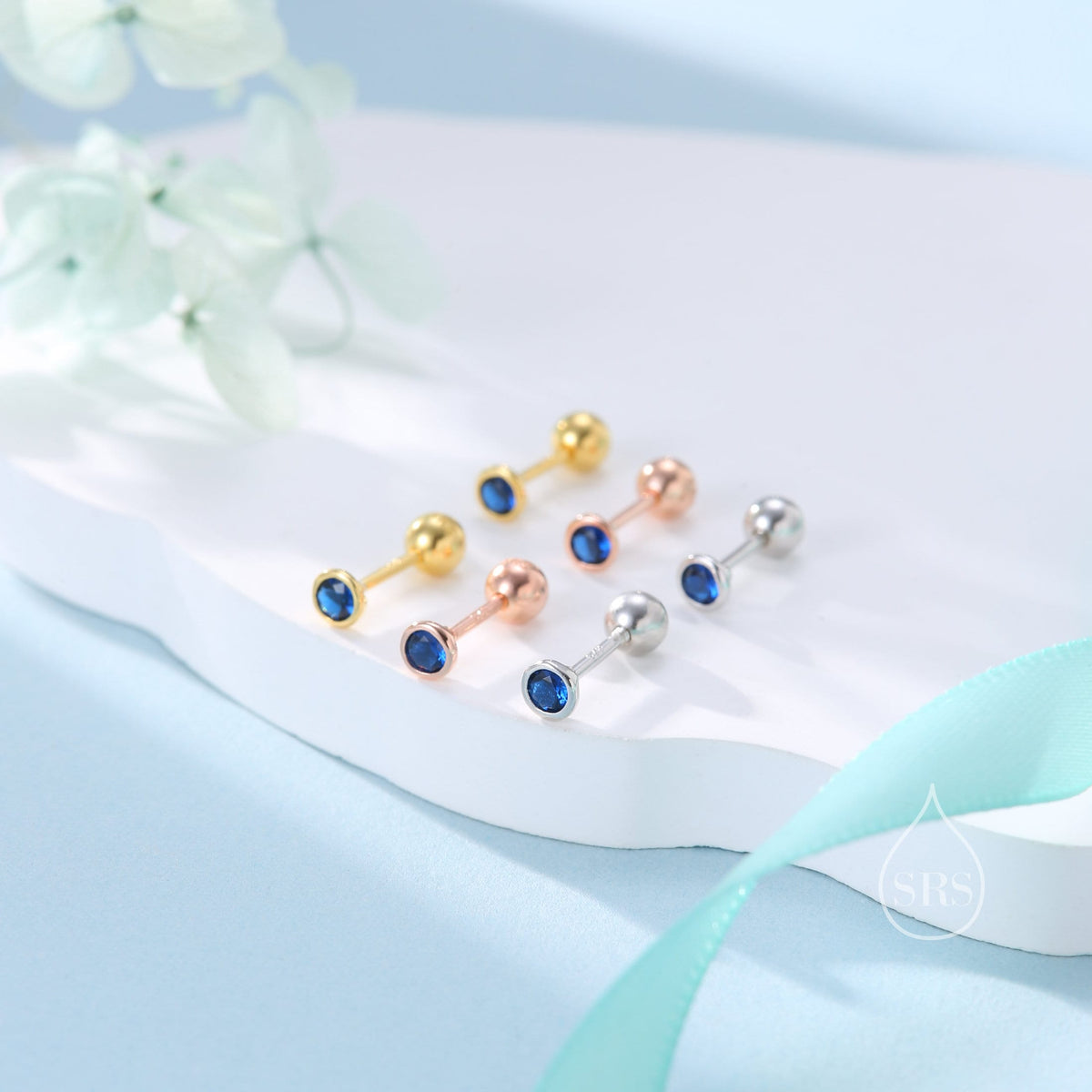 Tiny Sapphire Blue CZ Bezel Screw Back Earrings in Sterling Silver, Silver or Gold, Stacking Earrings, CZ Barbell Earrings, Helix Earring