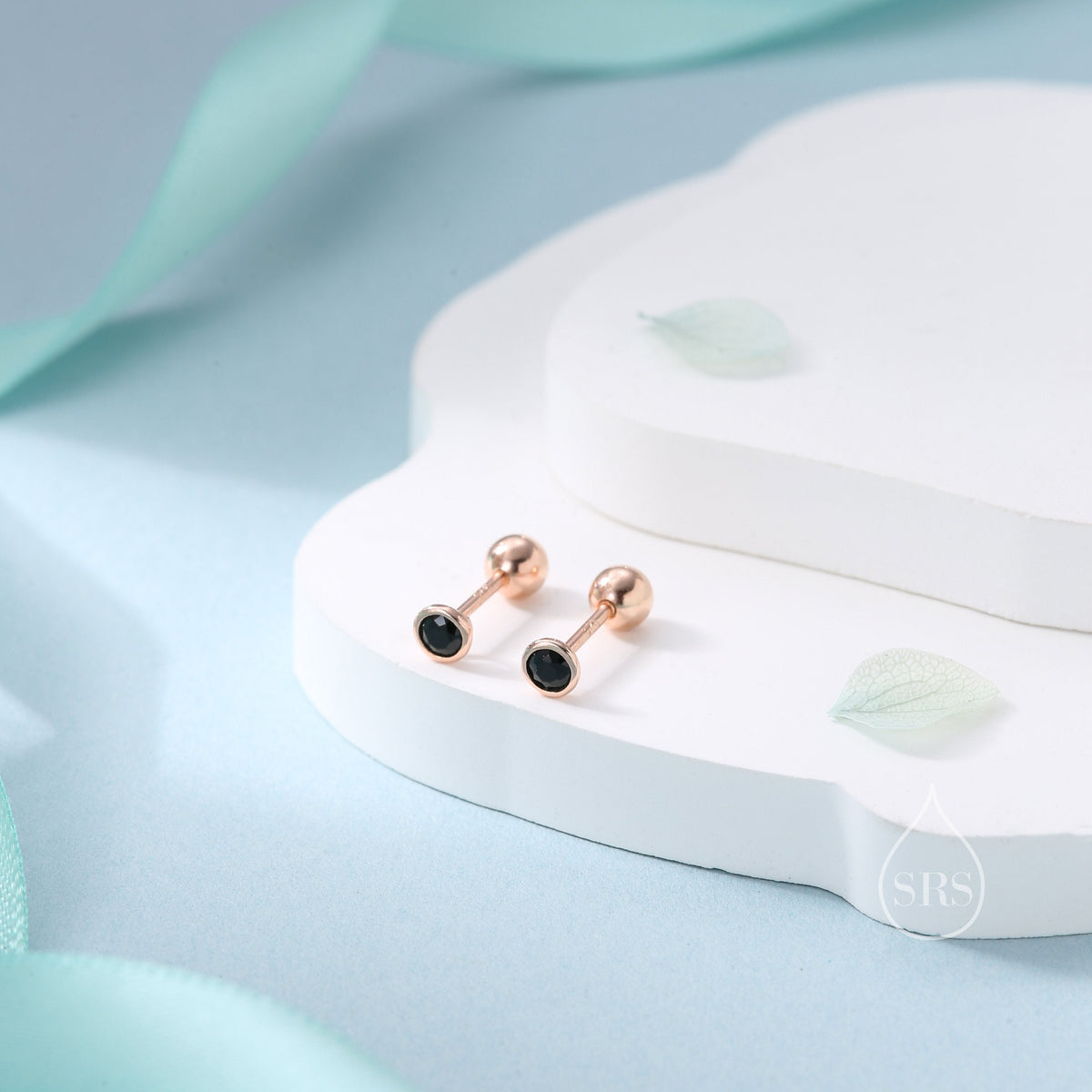 Black CZ Bezel Screw Back / Internally Threaded Flat Back Earrings in Sterling Silver, Silver or Gold or Rose Gold, CZ Barbell Earrings