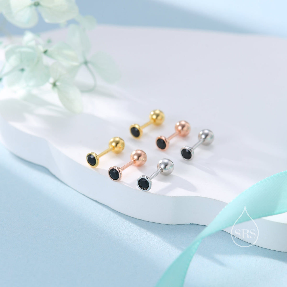 Black CZ Bezel Screw Back / Internally Threaded Flat Back Earrings in Sterling Silver, Silver or Gold or Rose Gold, CZ Barbell Earrings
