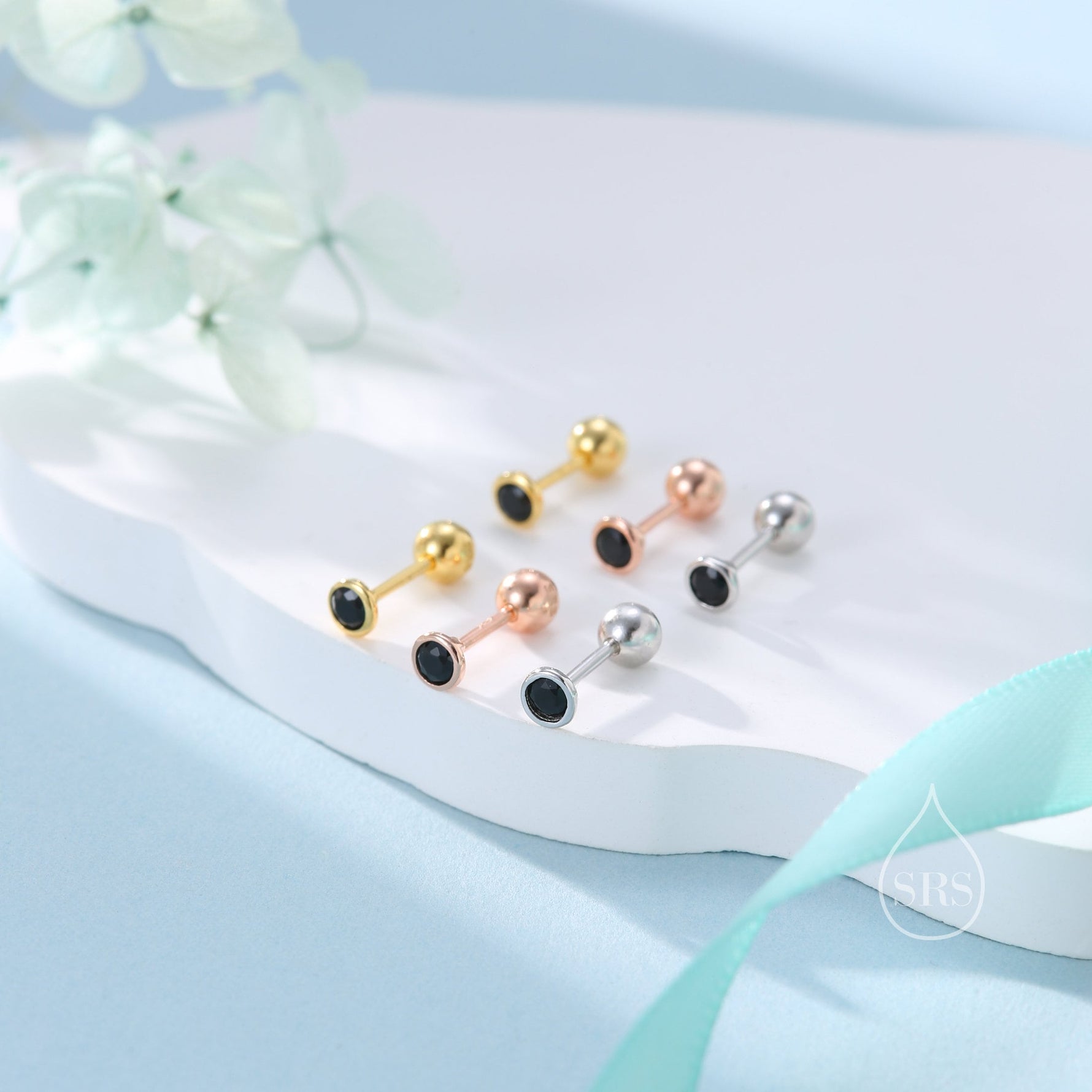 Black CZ Bezel Screw Back / Internally Threaded Flat Back Earrings in Sterling Silver, Silver or Gold or Rose Gold, CZ Barbell Earrings