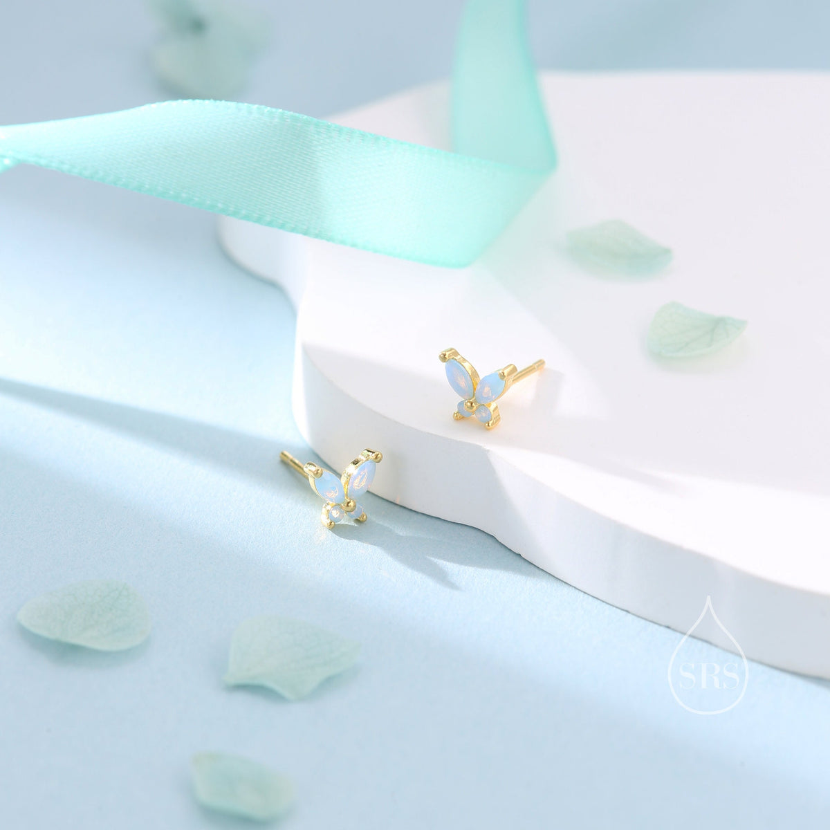Sterling Silver Opal Blue CZ Butterfly Stud Earrings, Gold or Silver or Rose Gold, Marquise CZ Earrings, Butterfly Earrings