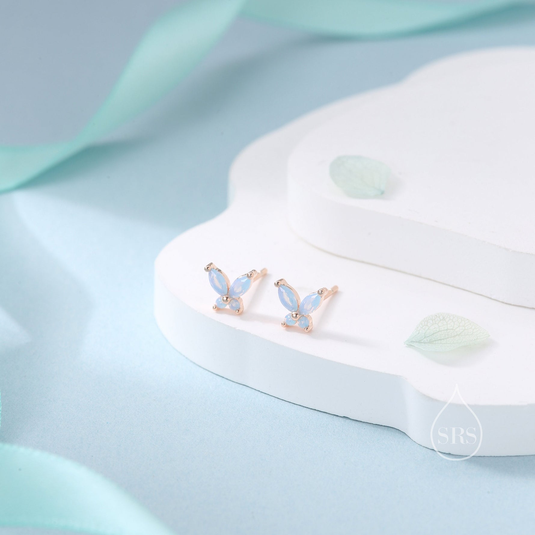Sterling Silver Opal Blue CZ Butterfly Stud Earrings, Gold or Silver or Rose Gold, Marquise CZ Earrings, Butterfly Earrings