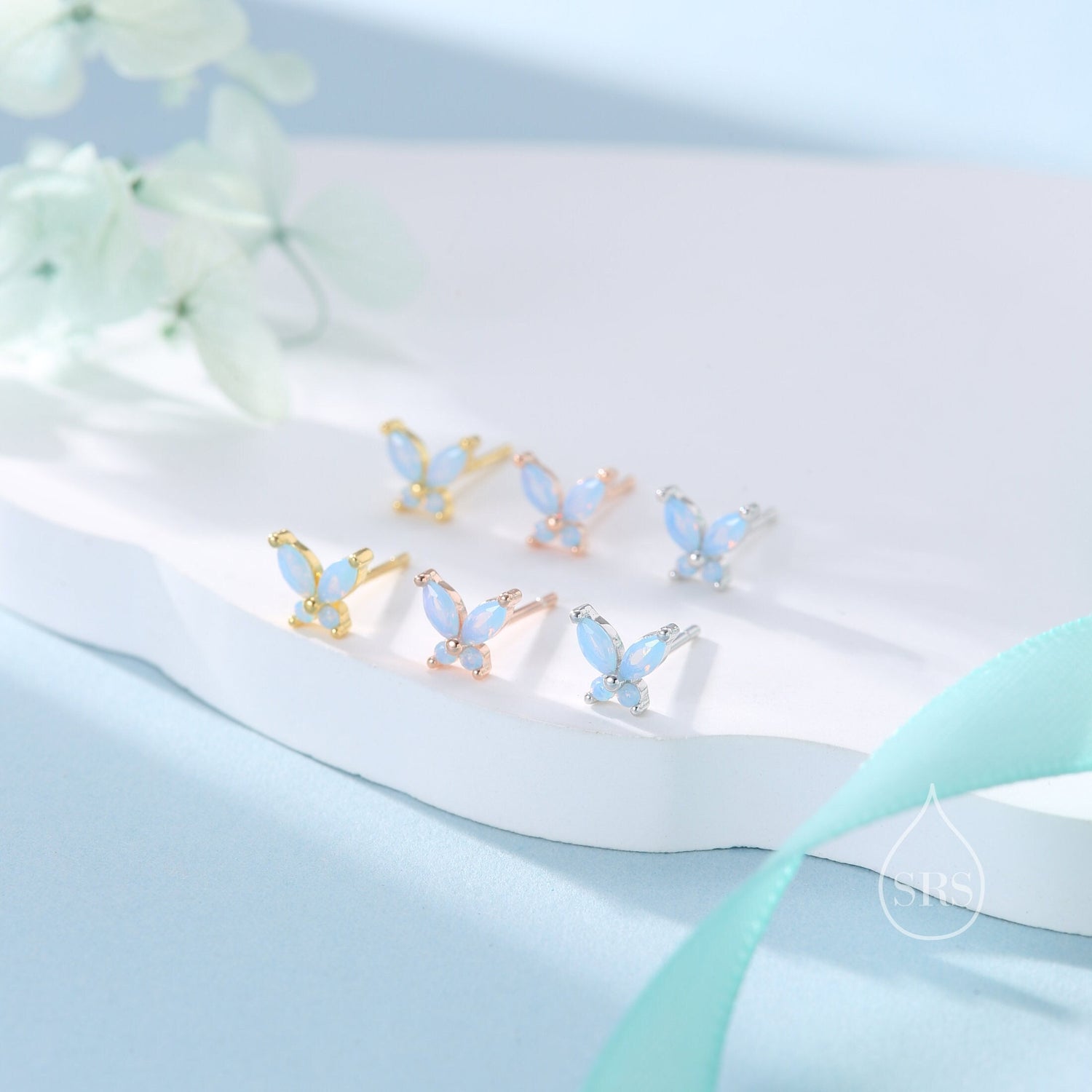 Sterling Silver Opal Blue CZ Butterfly Stud Earrings, Gold or Silver or Rose Gold, Marquise CZ Earrings, Butterfly Earrings