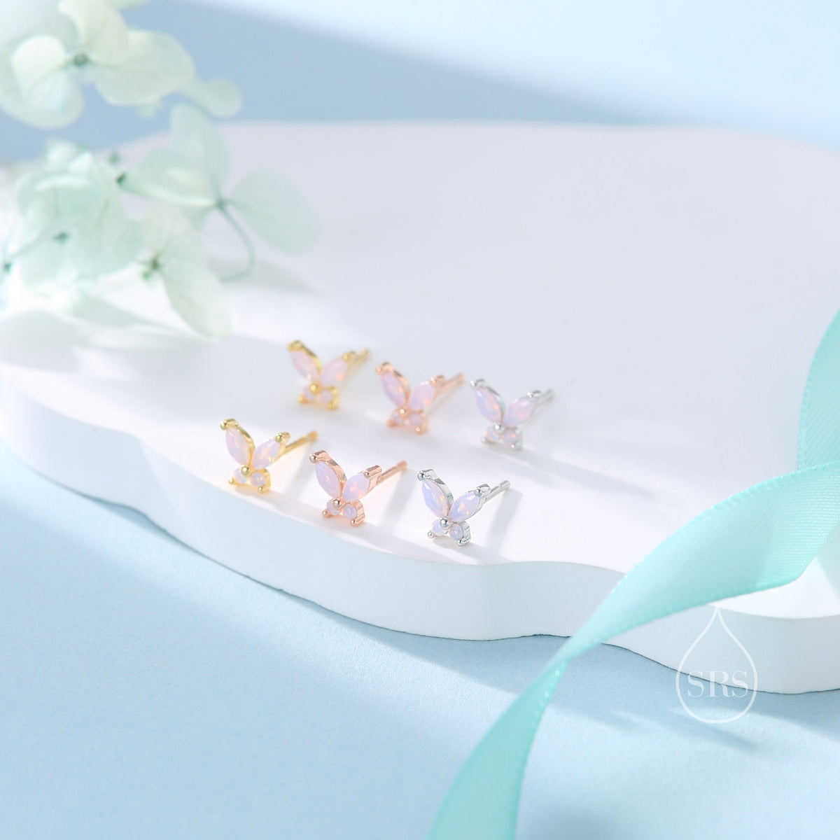 Sterling Silver Opal Pink CZ Butterfly Stud Earrings, Gold or Silver or Rose Gold, Marquise CZ Earrings, Butterfly Earrings
