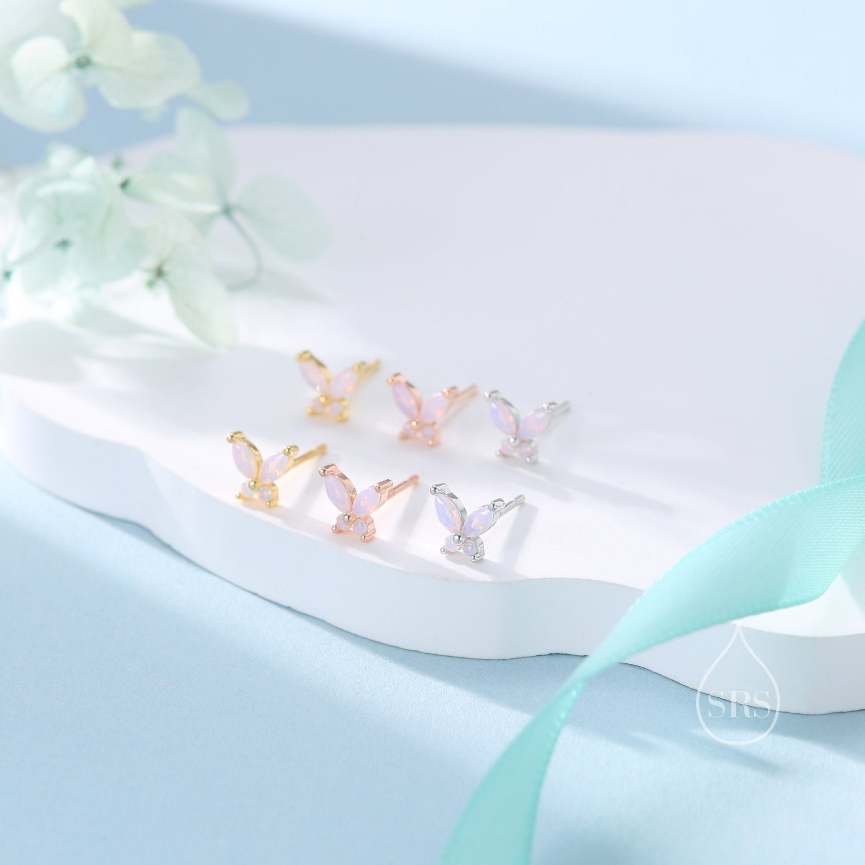 Sterling Silver Opal Pink CZ Butterfly Stud Earrings, Gold or Silver or Rose Gold, Marquise CZ Earrings, Butterfly Earrings