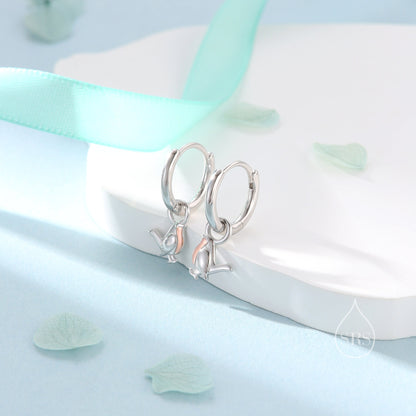 Sterling Silver Minimalist Robin Bird Dangle Huggie Hoops, Two Tone Robin Hoop Earrings, Dainty Dangle Earrings, Robin Bird Earrings