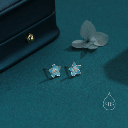 Dainty Forget-me-not Enamel Stud Earrings in Sterling Silver,  Flower Earrings, Blue Blossom Earrings, Forget me not earrings