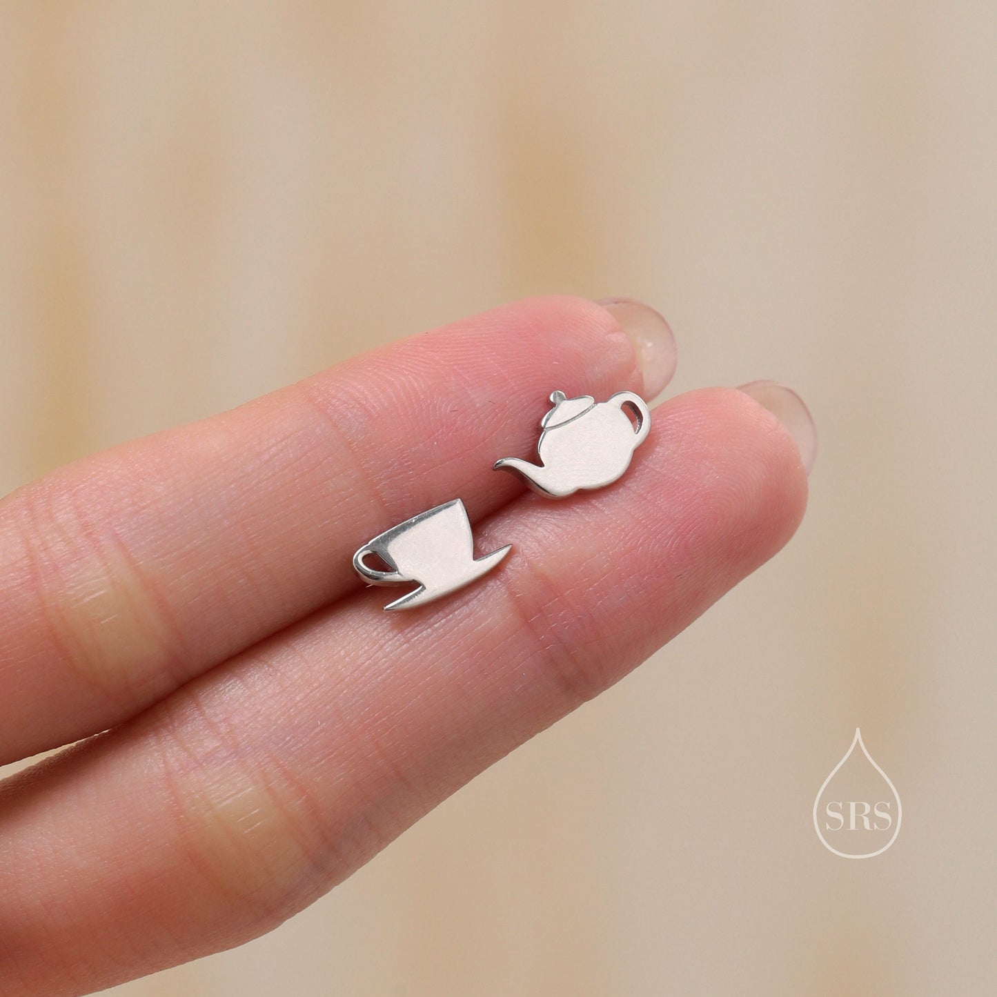 Mismatched Teapot and Tea Stud Earrings in Sterling Silver, Silver or Gold or Rose Gold, Asymmetric Teacup Earrings,