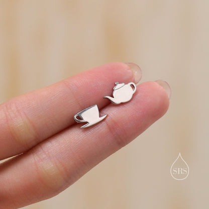 Mismatched Teapot and Tea Stud Earrings in Sterling Silver, Silver or Gold or Rose Gold, Asymmetric Teacup Earrings,