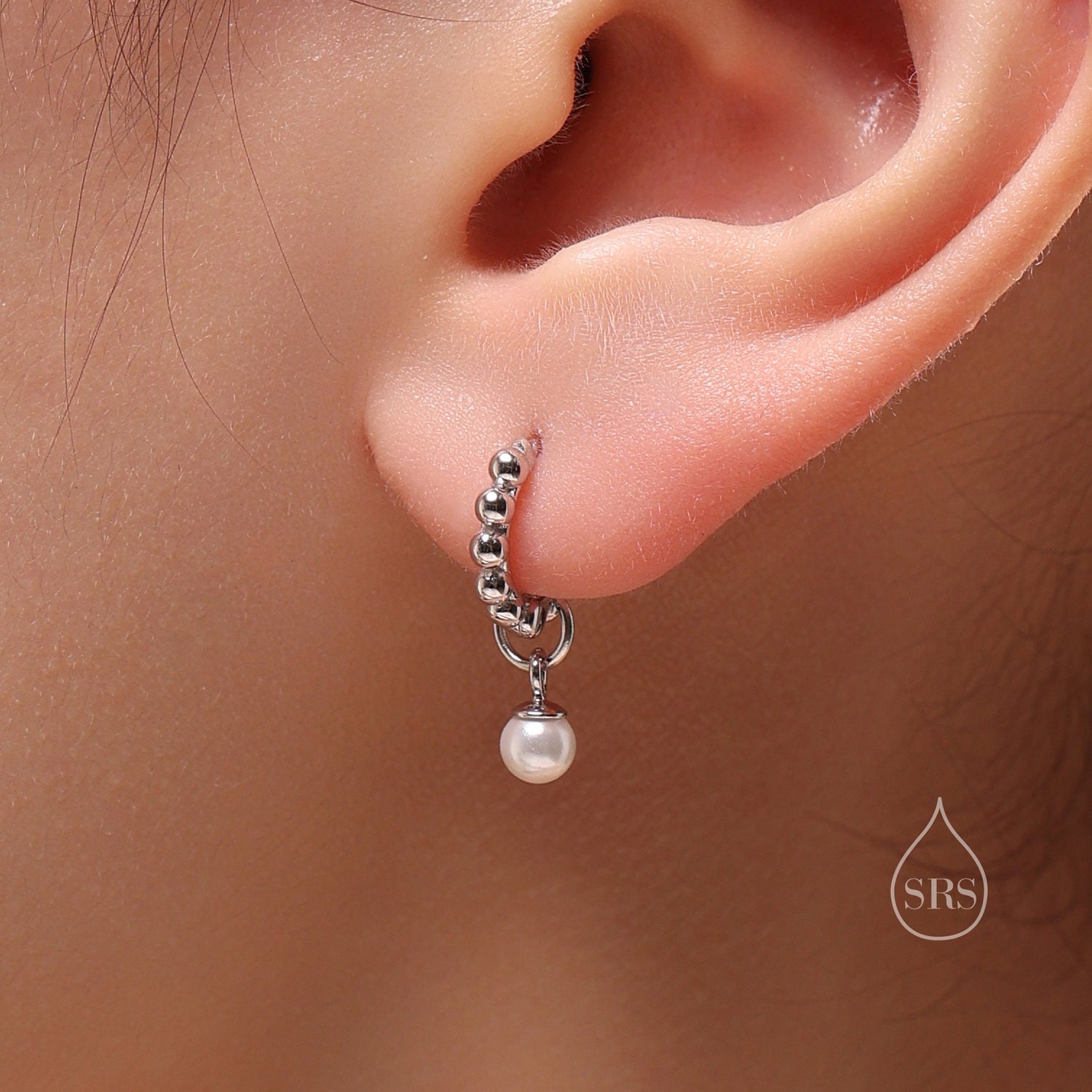Tiny Mother of Pearl Pebble Huggie Hoop Earrings in Sterling Silver, Simple Pearl Dotted Dangle Earrings, Silver or Gold or Rose Gold, Bead