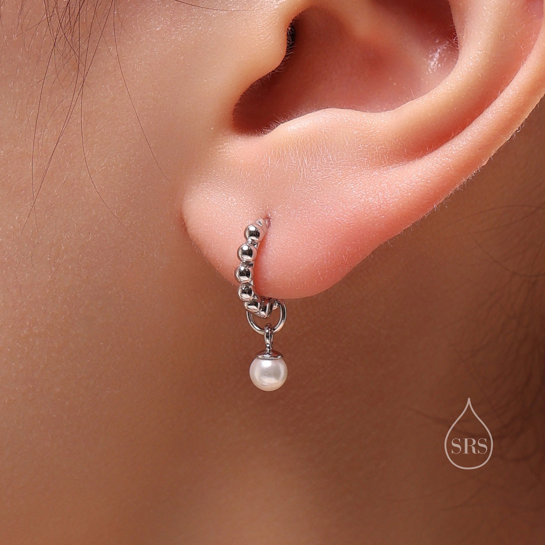 Tiny Mother of Pearl Pebble Huggie Hoop Earrings in Sterling Silver, Simple Pearl Dotted Dangle Earrings, Silver or Gold or Rose Gold, Bead