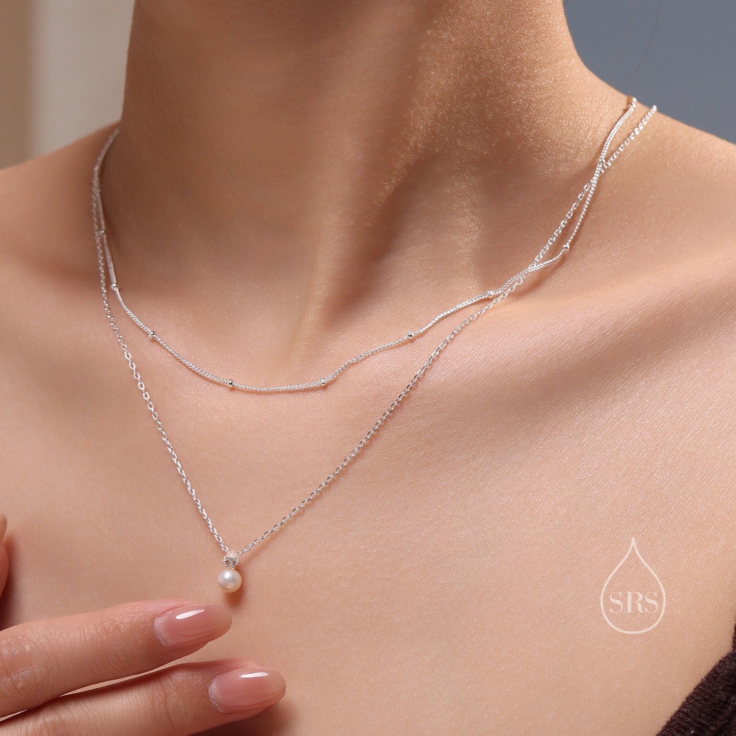 Genuine Freshwater Pearl Double Layer Pendant Necklace in Sterling Silver, Silver or Gold or Rose Gold, Delicate Pearl Necklace