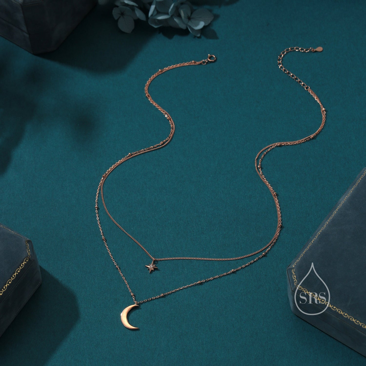 Double Layer Crescent Moon and Star Pendant Necklace in Sterling Silver - New Moon and Starburst Necklace - Gold or Silver or Rose Gold