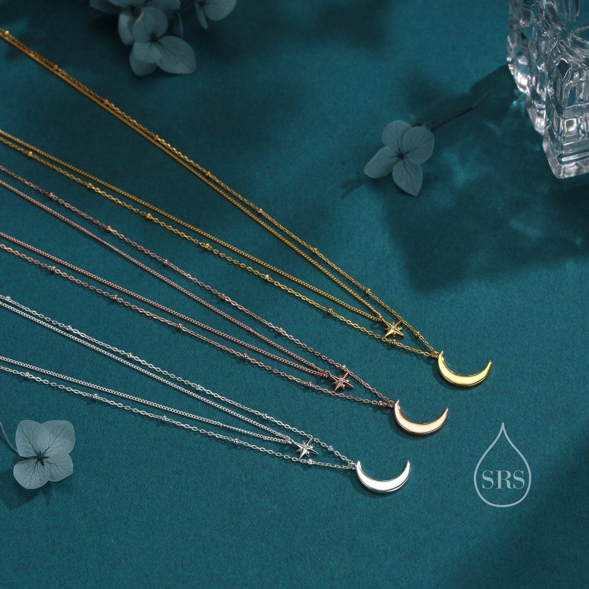 Double Layer Crescent Moon and Star Pendant Necklace in Sterling Silver - New Moon and Starburst Necklace - Gold or Silver or Rose Gold