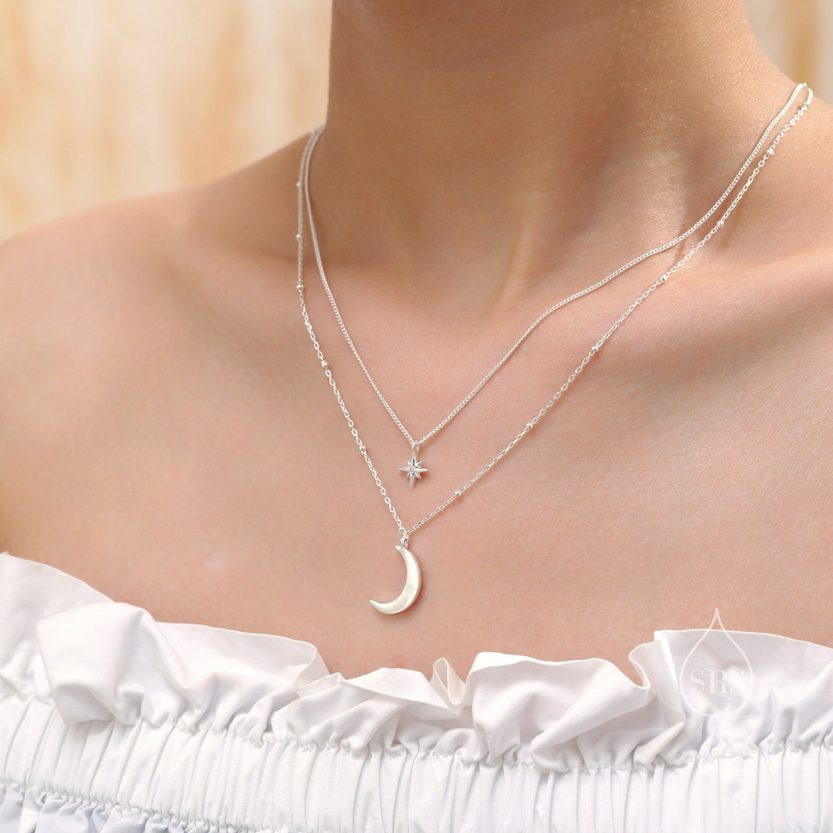 Double Layer Crescent Moon and Star Pendant Necklace in Sterling Silver - New Moon and Starburst Necklace - Gold or Silver or Rose Gold