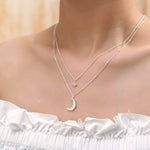 Double Layer Crescent Moon and Star Pendant Necklace in Sterling Silver - New Moon and Starburst Necklace - Gold or Silver or Rose Gold
