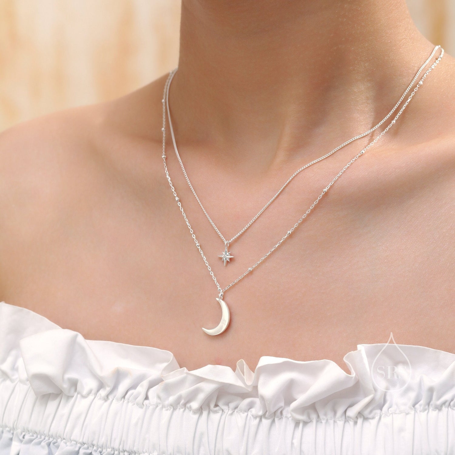 Double Layer Crescent Moon and Star Pendant Necklace in Sterling Silver - New Moon and Starburst Necklace - Gold or Silver or Rose Gold