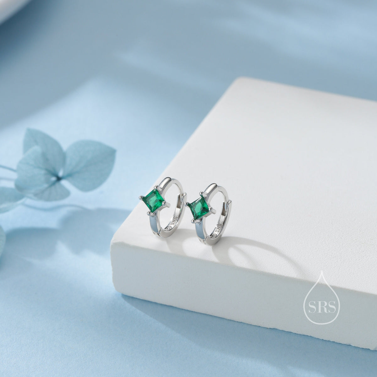 Single Emerald Green CZ Crystal Huggie Hoop in Sterling Silver, Silver or Gold, Minimalist Simple Hoop Earrings