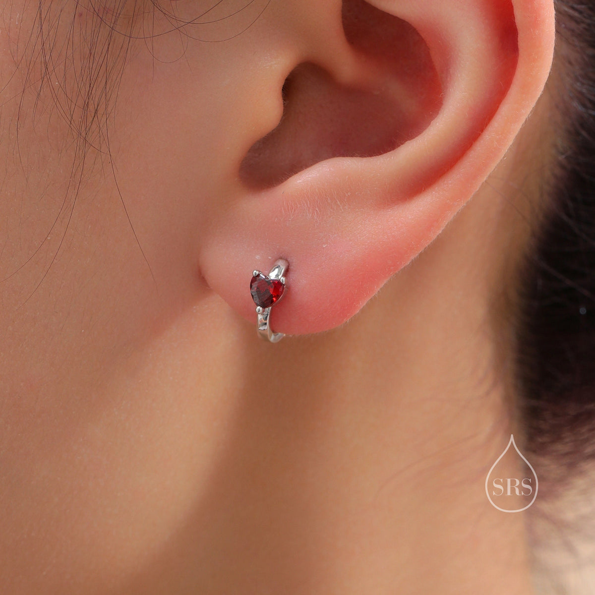 Garnet Red Heart CZ Huggie Hoop in Sterling Silver, Silver or Gold, 8mm Inner Diameter, Stacking Earrings, January Birthstone
