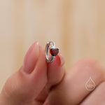 Garnet Red Heart CZ Huggie Hoop in Sterling Silver, Silver or Gold, 8mm Inner Diameter, Stacking Earrings, January Birthstone