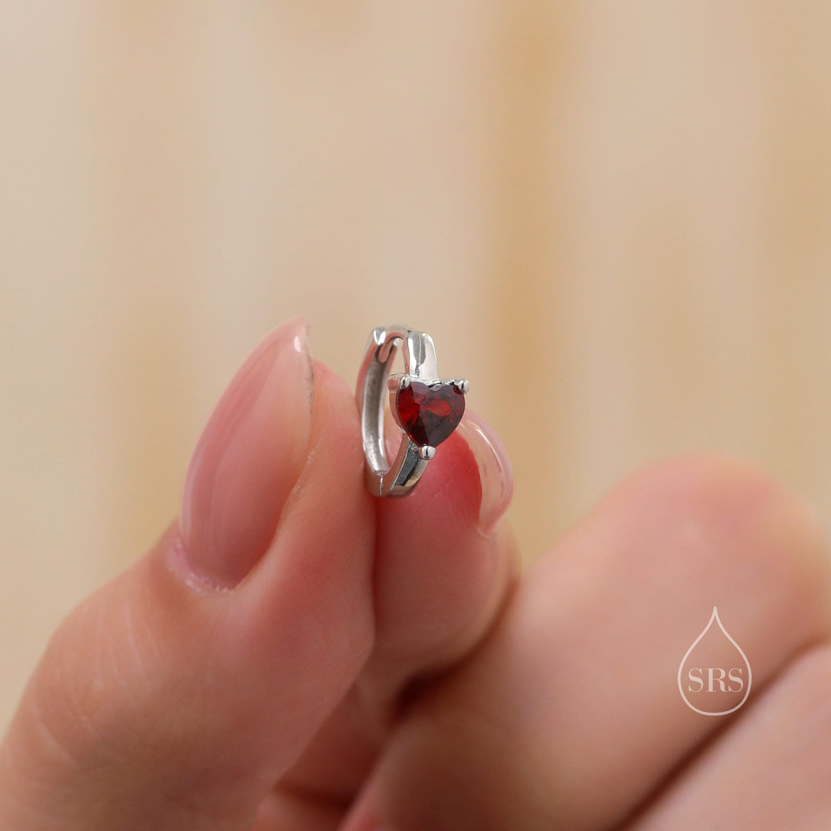 Garnet Red Heart CZ Huggie Hoop in Sterling Silver, Silver or Gold, 8mm Inner Diameter, Stacking Earrings, January Birthstone