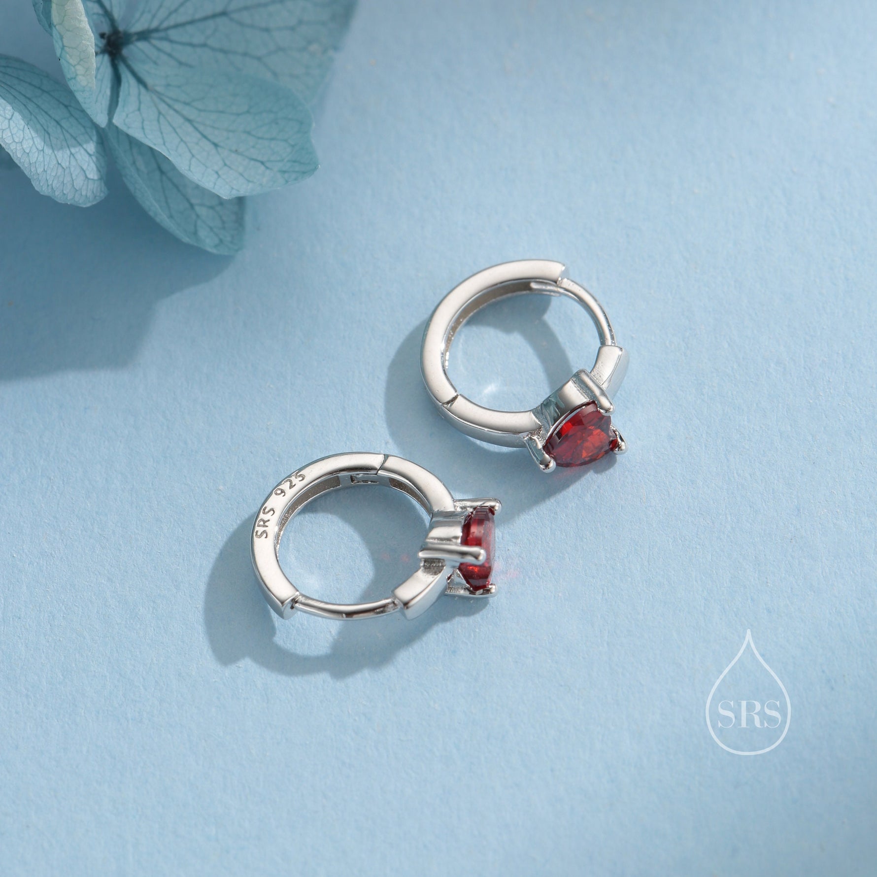 Garnet Red Heart CZ Huggie Hoop in Sterling Silver, Silver or Gold, 8mm Inner Diameter, Stacking Earrings, January Birthstone