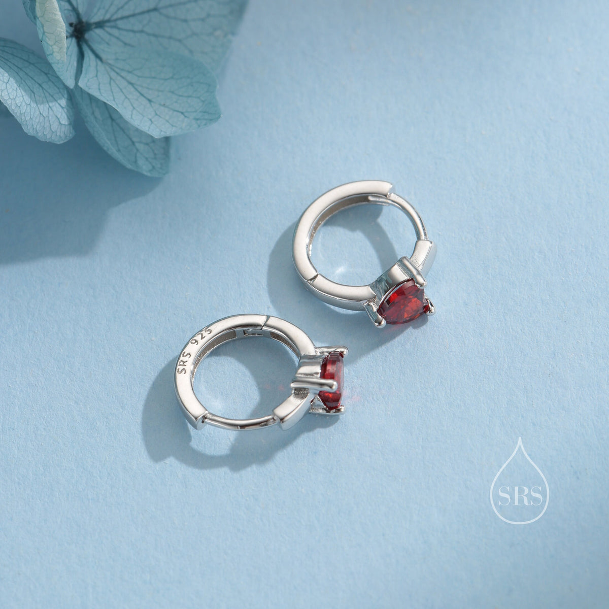 Garnet Red Heart CZ Huggie Hoop in Sterling Silver, Silver or Gold, 8mm Inner Diameter, Stacking Earrings, January Birthstone
