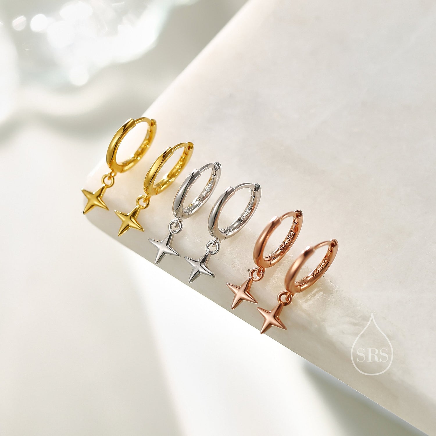 Tiny Four Point Star Huggie Hoop Earrings in Sterling Silver, Silver, Gold or Rose Gold, North Star Earrings, Sunburst Earrings, Celestial