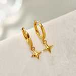 Tiny Four Point Star Huggie Hoop Earrings in Sterling Silver, Silver, Gold or Rose Gold, North Star Earrings, Sunburst Earrings, Celestial