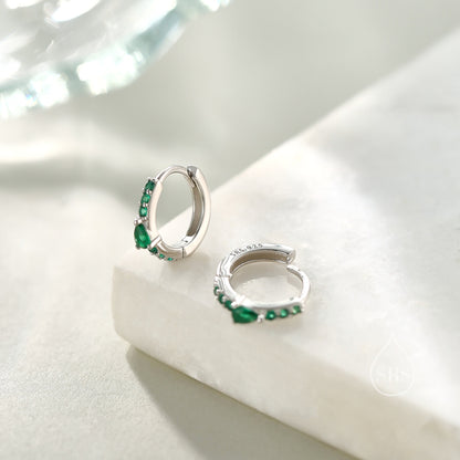 Dainty Green CZ Huggie Hoop Earrings in Sterling Silver with Pear CZ, Silver or Gold, Droplet CZ Hoops