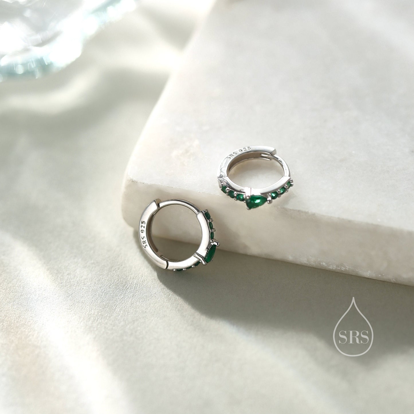 Dainty Green CZ Huggie Hoop Earrings in Sterling Silver with Pear CZ, Silver or Gold, Droplet CZ Hoops