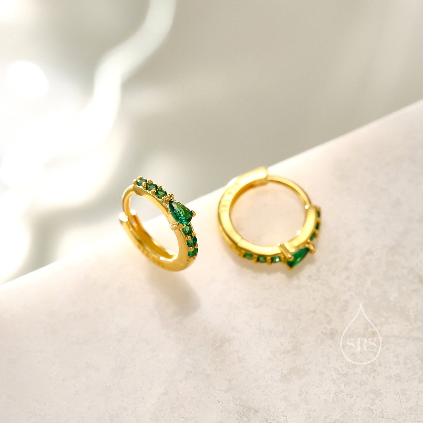 Dainty Green CZ Huggie Hoop Earrings in Sterling Silver with Pear CZ, Silver or Gold, Droplet CZ Hoops