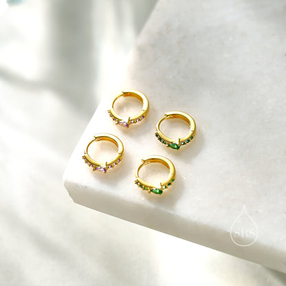 Dainty Green CZ Huggie Hoop Earrings in Sterling Silver with Pear CZ, Silver or Gold, Droplet CZ Hoops