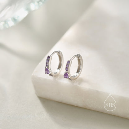 Dainty Purple CZ Huggie Hoop Earrings in Sterling Silver with Pear CZ, Silver or Gold, Droplet CZ Hoops