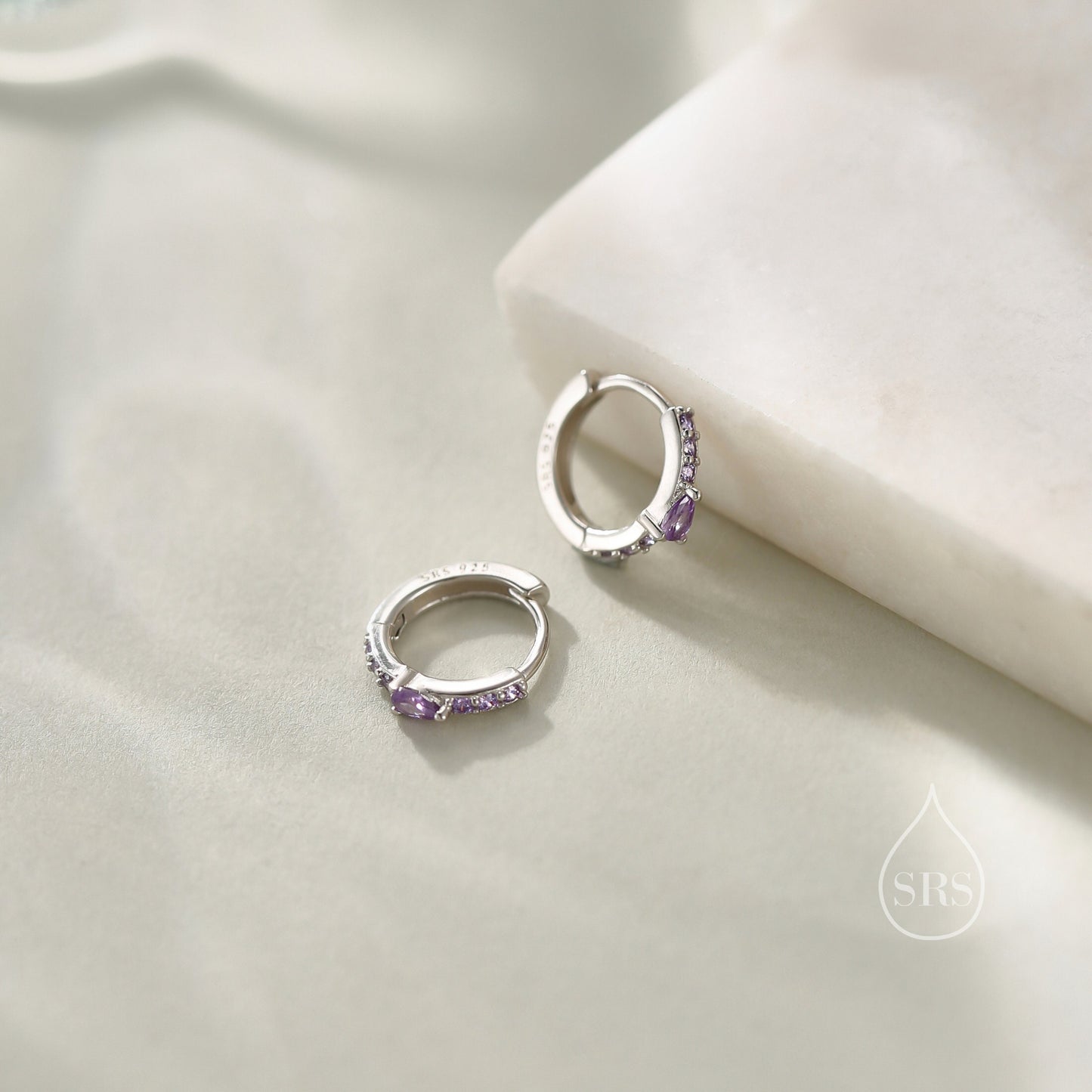 Dainty Purple CZ Huggie Hoop Earrings in Sterling Silver with Pear CZ, Silver or Gold, Droplet CZ Hoops