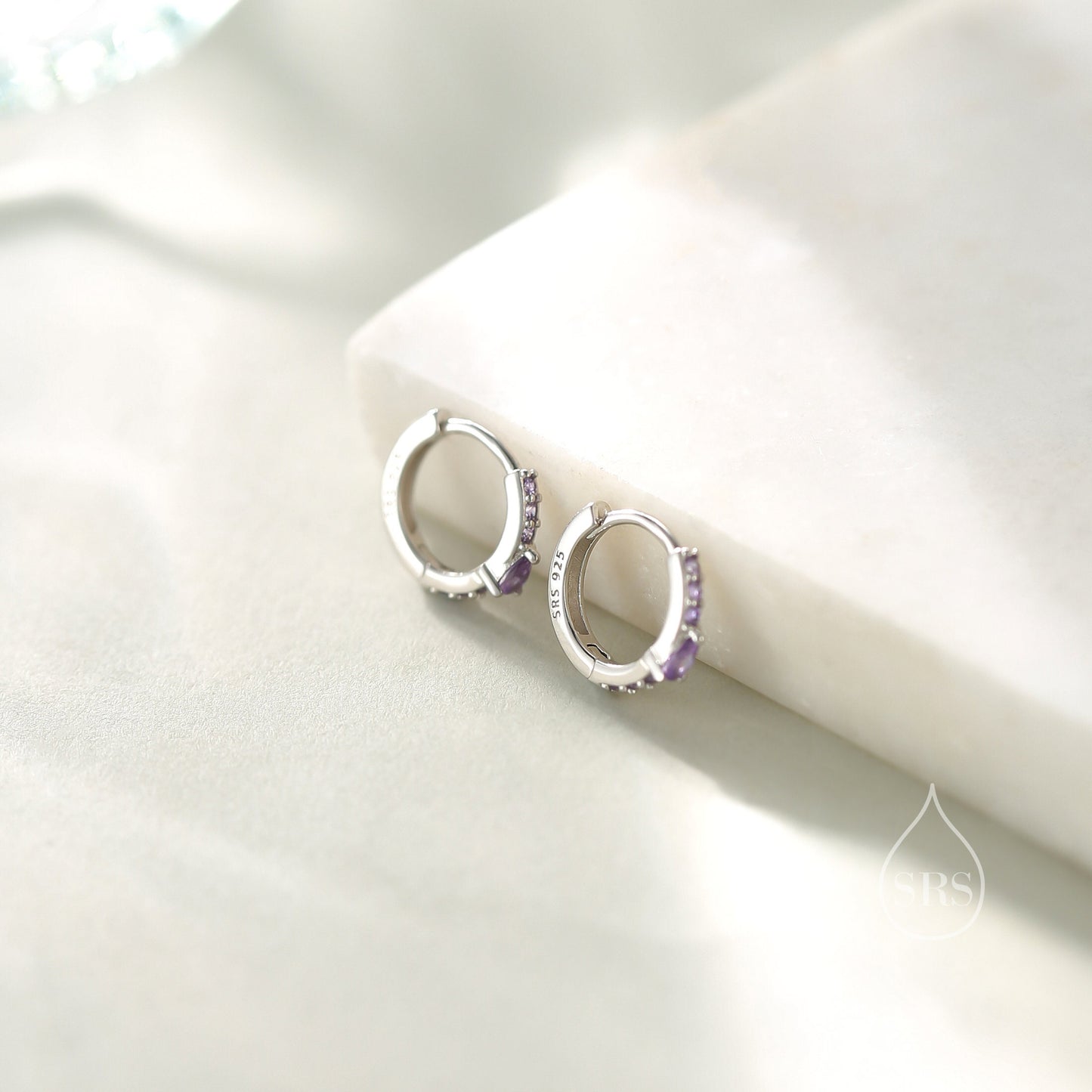 Dainty Purple CZ Huggie Hoop Earrings in Sterling Silver with Pear CZ, Silver or Gold, Droplet CZ Hoops