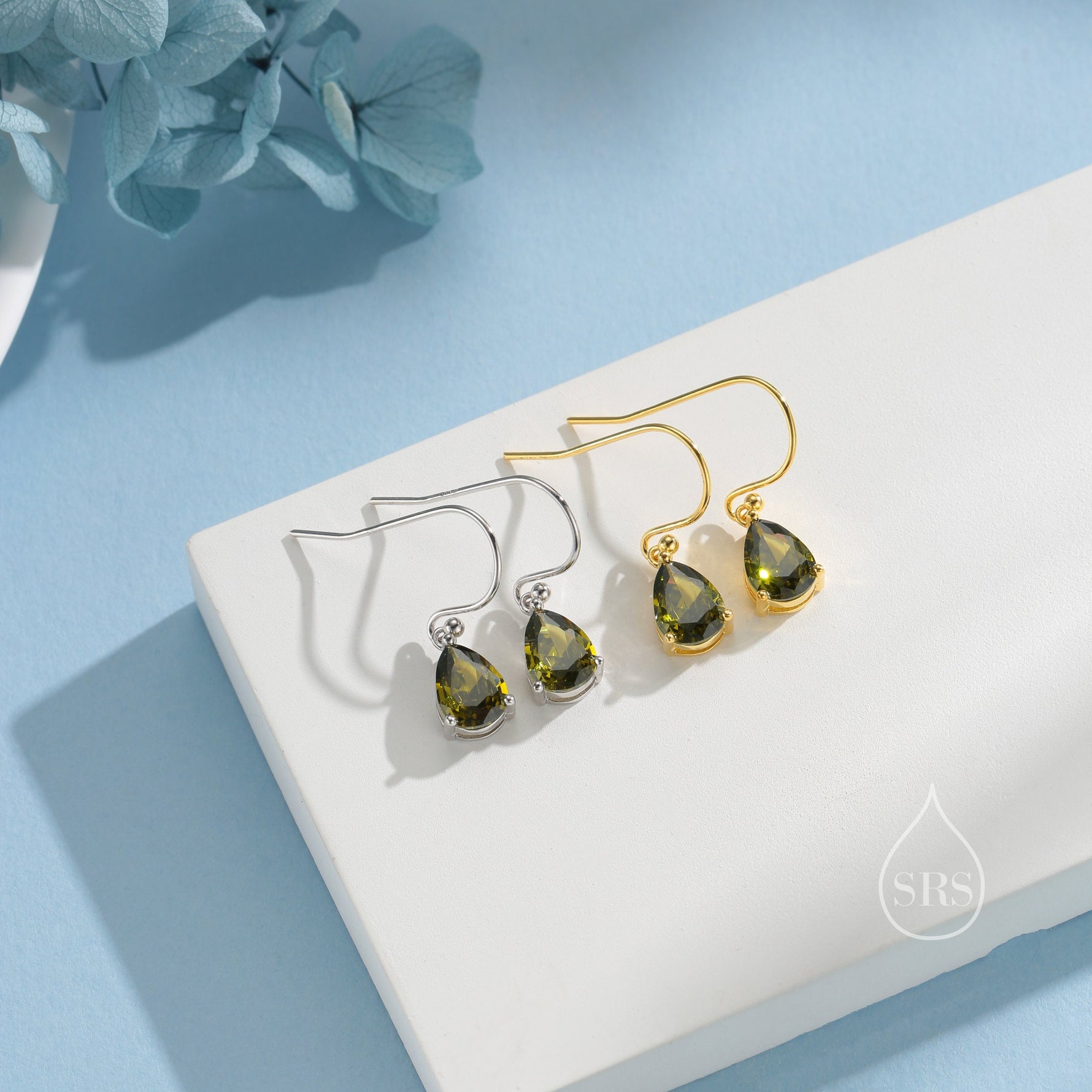 Sterling Silver Olive Green CZ Droplet Drop Earrings in Sterling Silver, Silver or Gold, Pear Shape Cubic Zirconia Hook Earrings