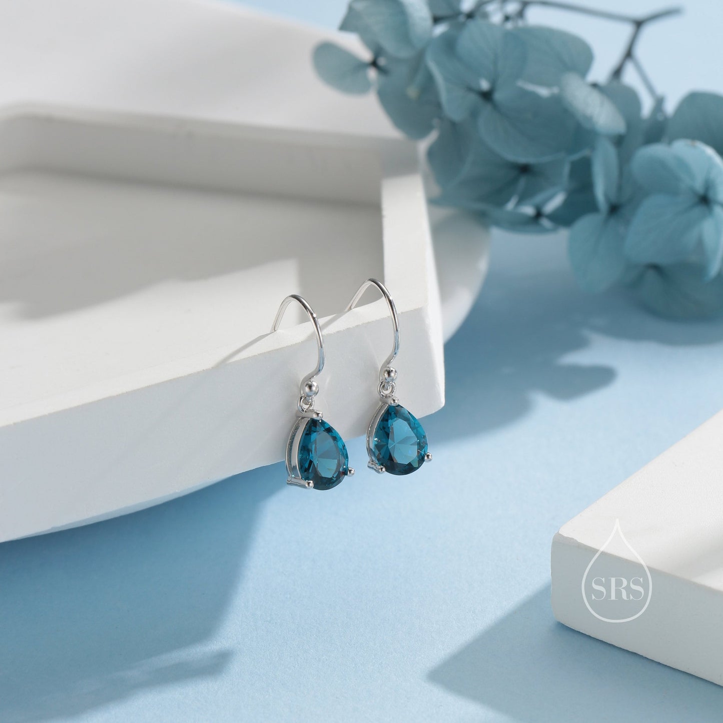 Sterling Silver London Blue CZ Droplet Drop Earrings in Sterling Silver, Silver or Gold, Pear Shape Cubic Zirconia Hook Earrings